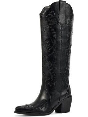 〽️Women's Mid-Calf Cowgirl Boot Black Leather Block Heel Embroidered Pointed Toe